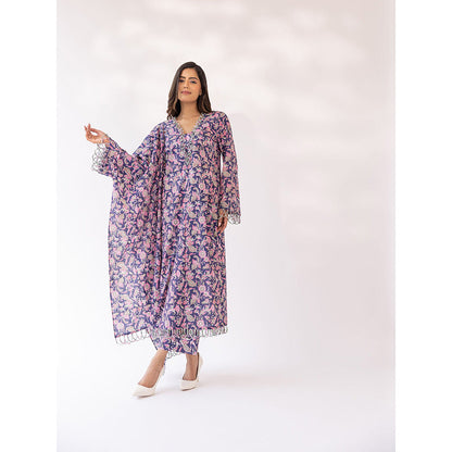 SHAAKHA Purple Floral Printed Full Sleeves V-Neck Kurta With Pant & Dupatta (Set of 3)