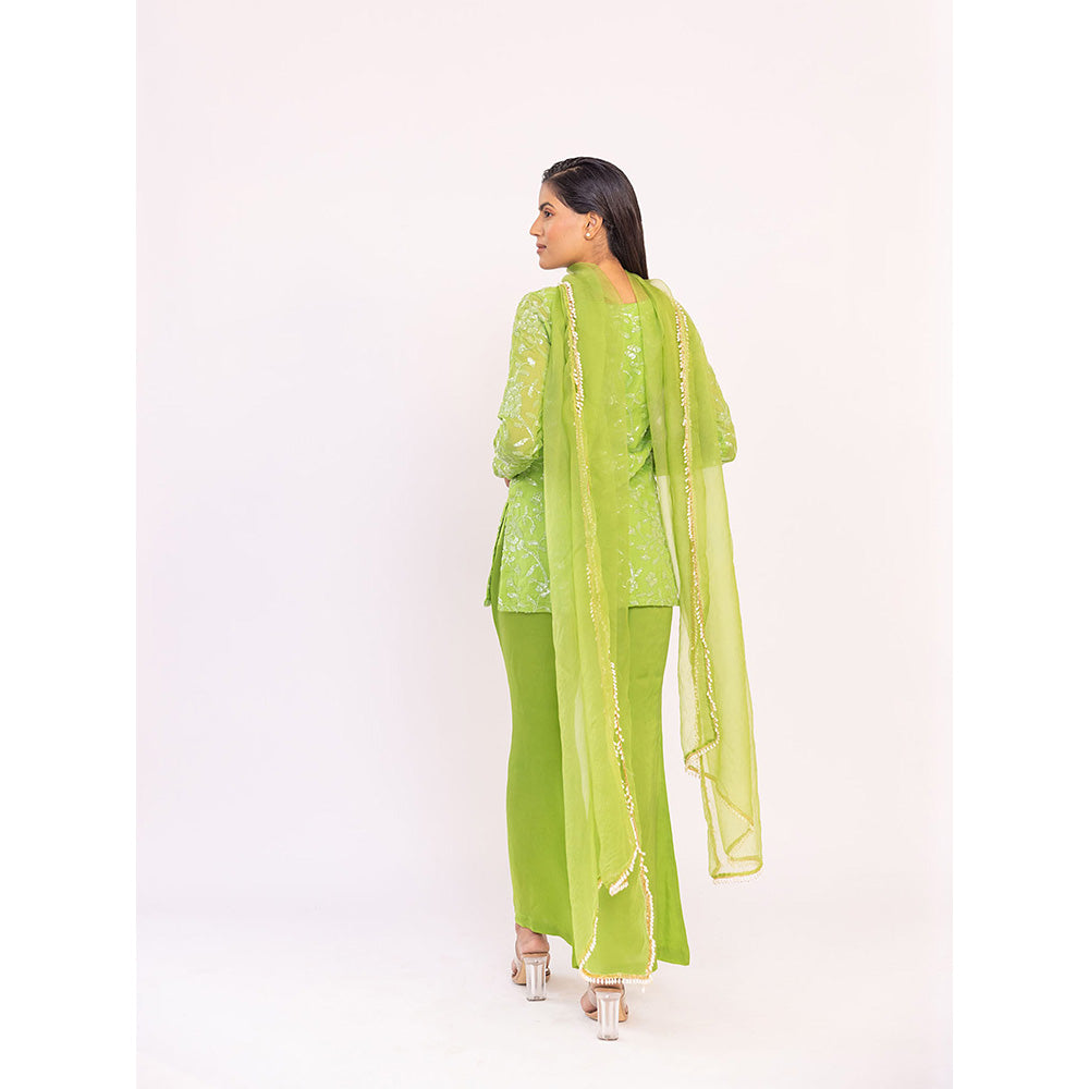 SHAAKHA Green Embroidered Sequined Full Sleeves V-Neck Kurta With Pant & Dupatta (Set of 3)