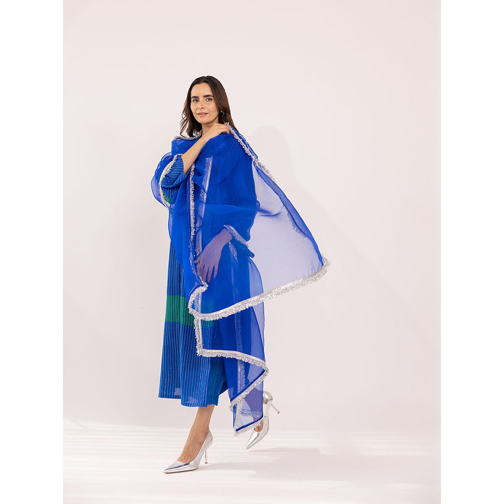 SHAAKHA Blue Stripes Woven Full Sleeves Keyhole Neck Kurta With Pant & Dupatta (Set of 3)