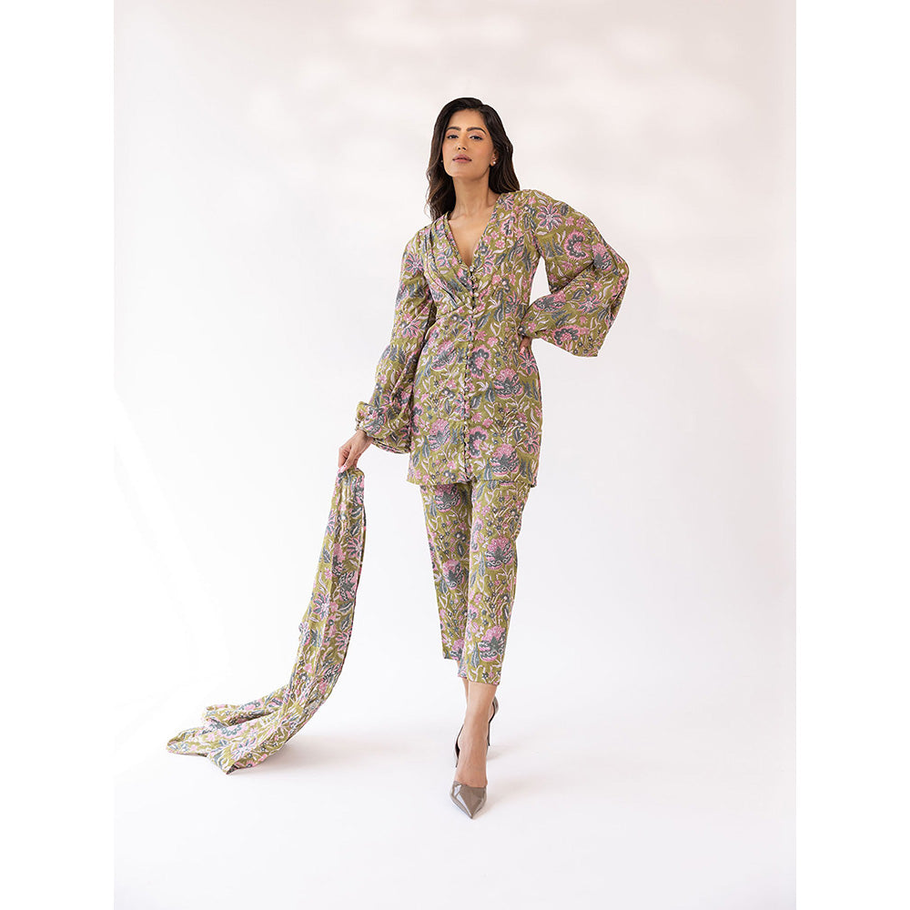 SHAAKHA Olive Floral Printed Balloon Sleeve V-Neck Kurta With Pant & Dupatta (Set of 3)