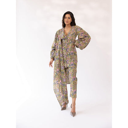 SHAAKHA Olive Floral Printed Balloon Sleeve V-Neck Kurta With Pant & Dupatta (Set of 3)