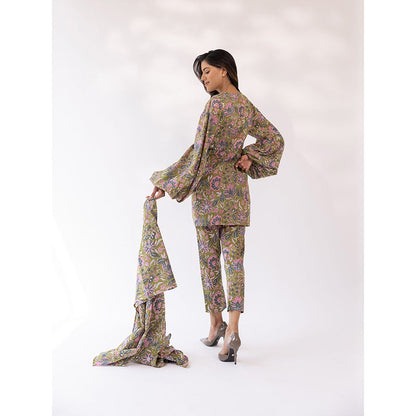 SHAAKHA Olive Floral Printed Balloon Sleeve V-Neck Kurta With Pant & Dupatta (Set of 3)
