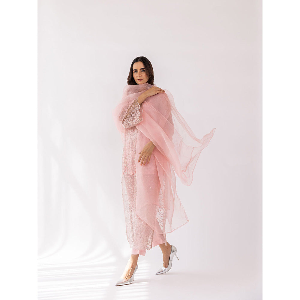 SHAAKHA Peach Embroidered Sequined Full Sleeves V-Neck Kurta With Pant & Dupatta (Set of 3)