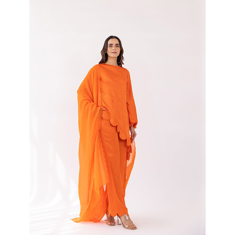 SHAAKHA Orange Sequined Full Sleeves Round Neck Kurta With Pant & Dupatta (Set of 3)