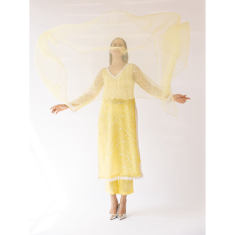 SHAAKHA Yellow Embroidered Lace Work Full Sleeves V-Neck Kurta With Pant & Dupatta (Set of 3)