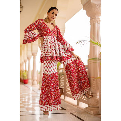 SHAAKHA Red Floral Printed Half Sleeves V-Neck Kurta With Sharara & Dupatta (Set of 3)