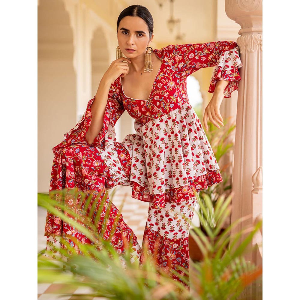 SHAAKHA Red Floral Printed Half Sleeves V-Neck Kurta With Sharara & Dupatta (Set of 3)