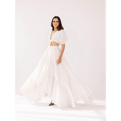 SHAAKHA White Kaeya Crop Top with Asymmetrical Skirt (Set of 2)