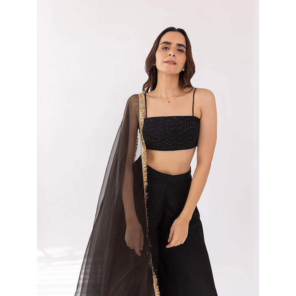 SHAAKHA Black Kali Bandeau and Palazzo with Dupatta (Set of 3)