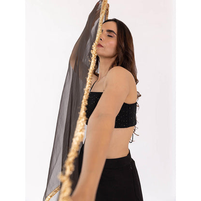 SHAAKHA Black Kali Bandeau and Palazzo with Dupatta (Set of 3)