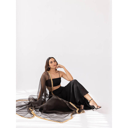 SHAAKHA Black Kali Bandeau and Palazzo with Dupatta (Set of 3)