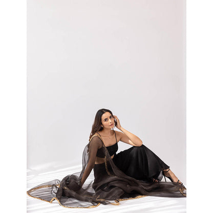 SHAAKHA Black Kali Bandeau and Palazzo with Dupatta (Set of 3)
