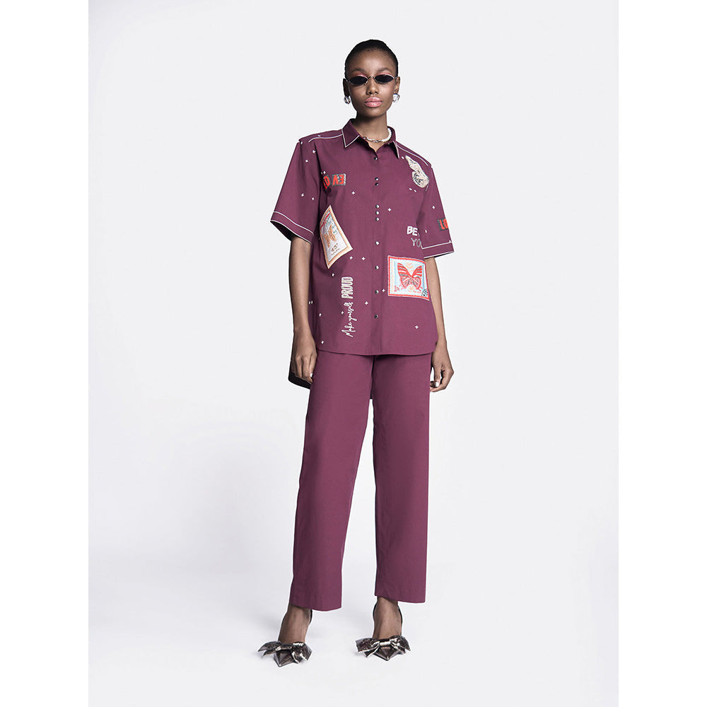 Shahin Mannan Butterfly Stamp High Low Shirt With Straight Pant (Set of 2)