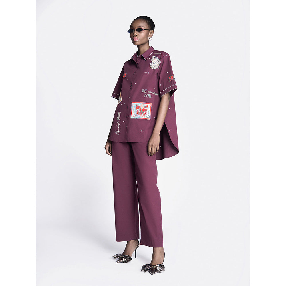 Shahin Mannan Butterfly Stamp High Low Shirt With Straight Pant (Set of 2)