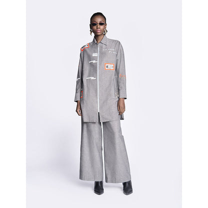 Shahin Mannan Fish Patch Overshirt With Flared Pant (Set of 2)