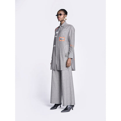Shahin Mannan Fish Patch Overshirt With Flared Pant (Set of 2)