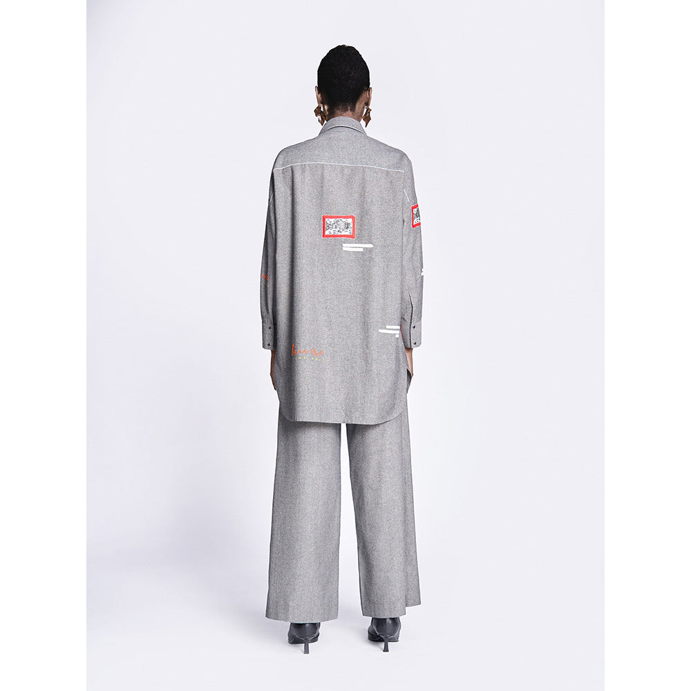 Shahin Mannan Fish Patch Overshirt With Flared Pant (Set of 2)