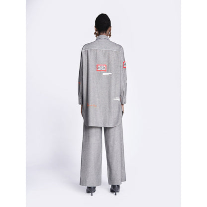 Shahin Mannan Fish Patch Overshirt With Flared Pant (Set of 2)