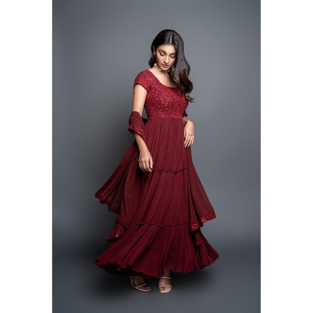 Shahmeen Husain Maroon Chikankari Pleated Maxi Dress with Dupatta (Set of 2)
