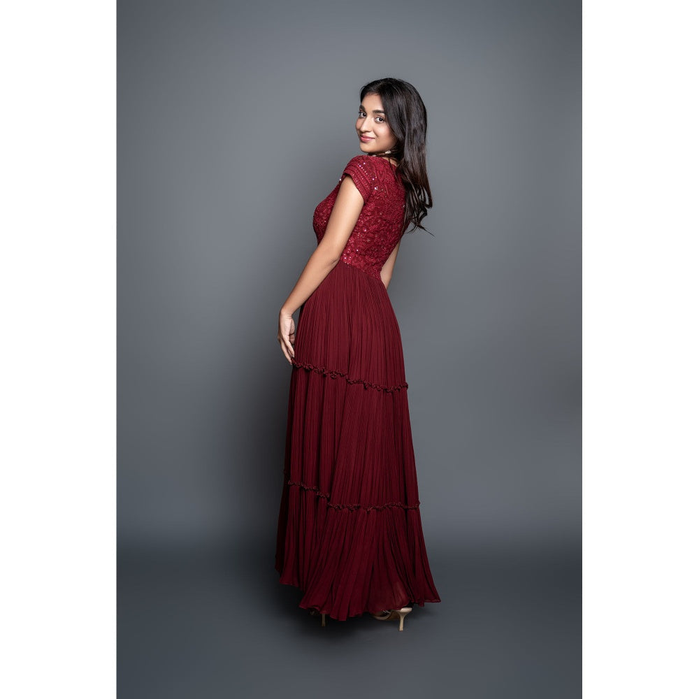 Shahmeen Husain Maroon Chikankari Pleated Maxi Dress with Dupatta (Set of 2)