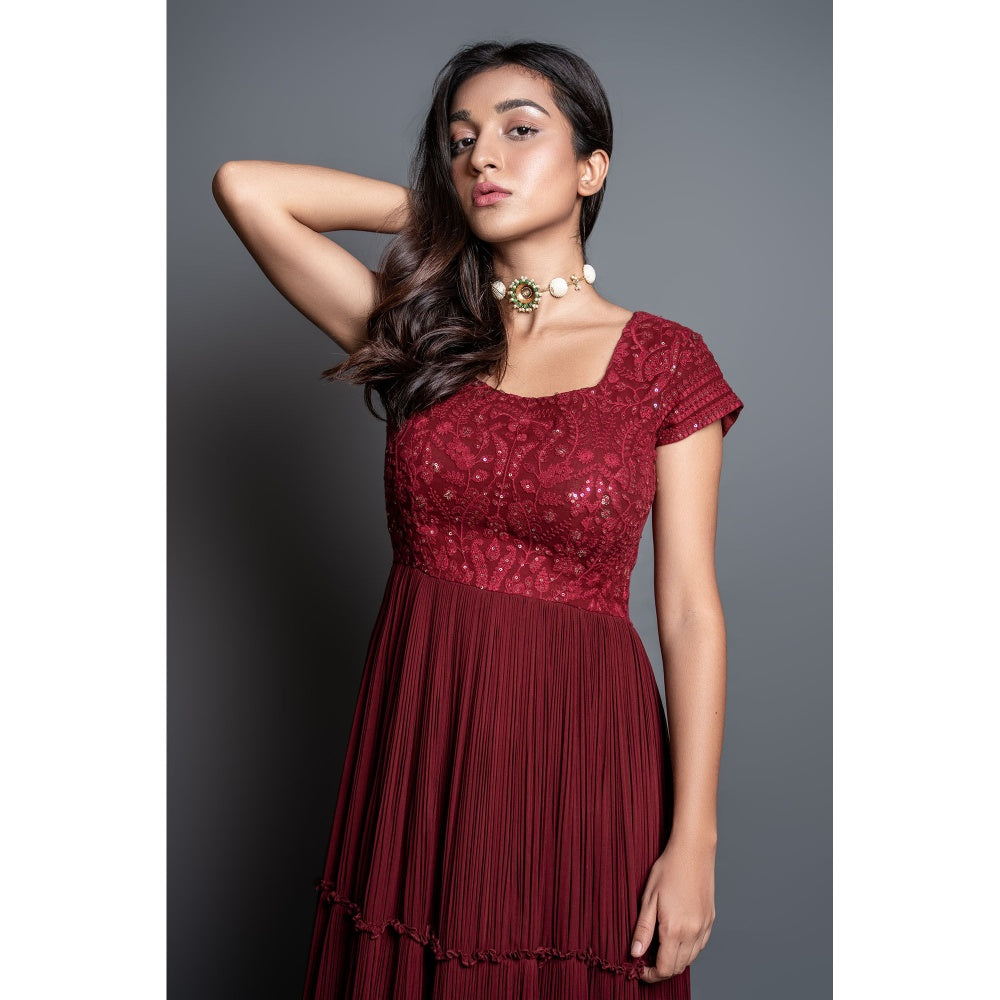 Shahmeen Husain Maroon Chikankari Pleated Maxi Dress with Dupatta (Set of 2)