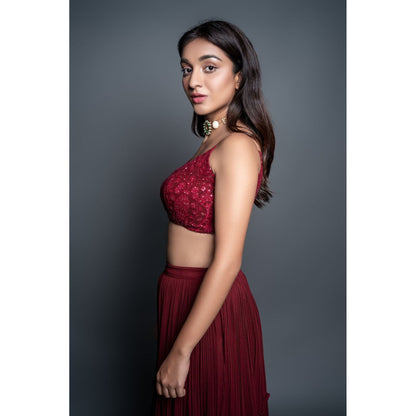 Shahmeen Husain Maroon Chikankari Strappy Blouse & Skirt (Set of 2)