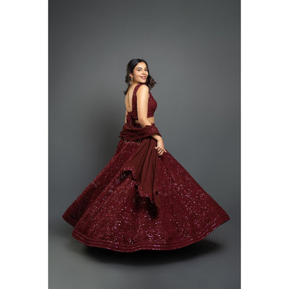 Shahmeen Husain Maroon Chikankari Lehenga Blouse with Dupatta (Set of 3)