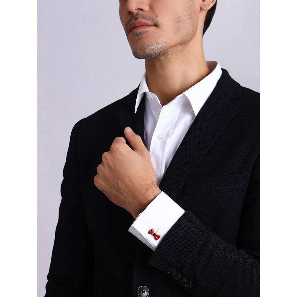 Shaze Silver Red Enamelled Rhodium-Plated Red Big Bow Cufflinks