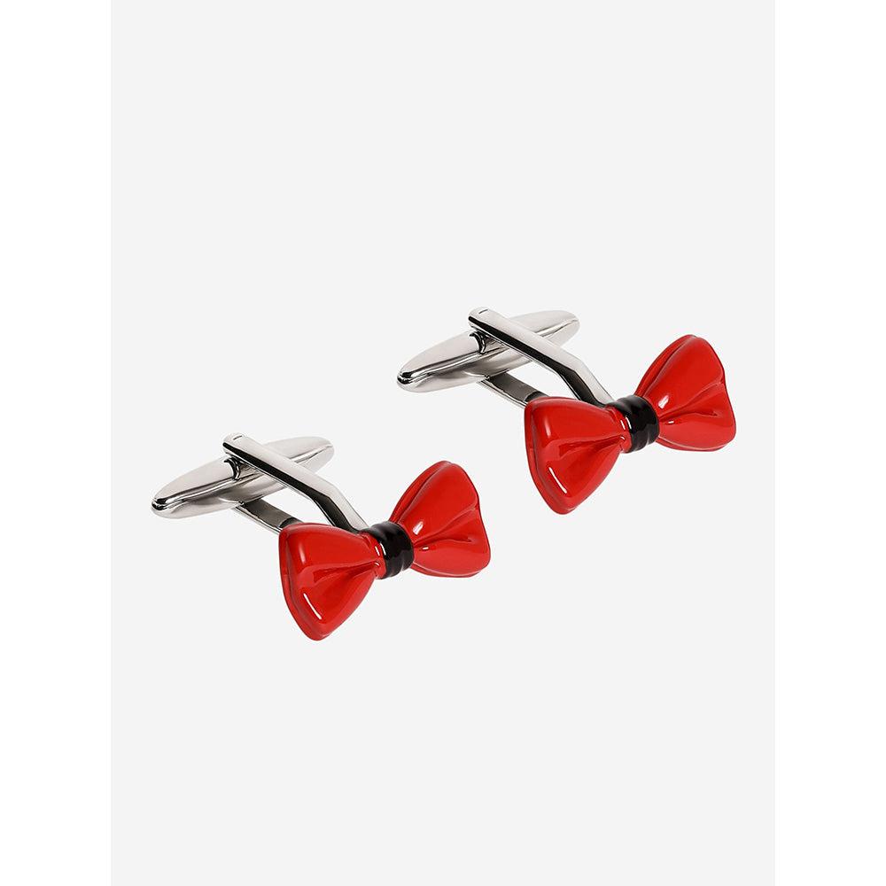 Shaze Silver Red Enamelled Rhodium-Plated Red Big Bow Cufflinks