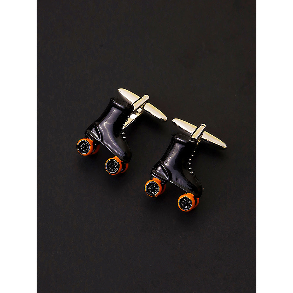 Shaze Silver Black And Orange Enamelled Rhodium-Plated Skater Cufflinks