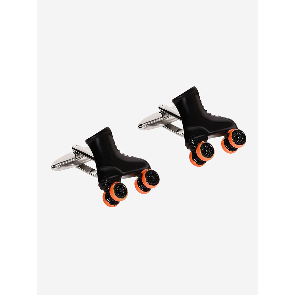 Shaze Silver Black And Orange Enamelled Rhodium-Plated Skater Cufflinks