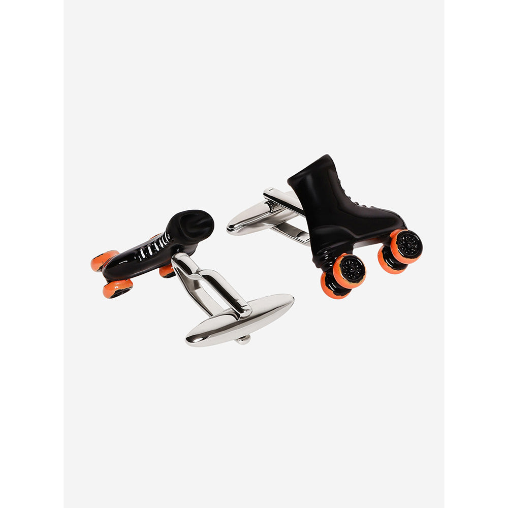 Shaze Silver Black And Orange Enamelled Rhodium-Plated Skater Cufflinks
