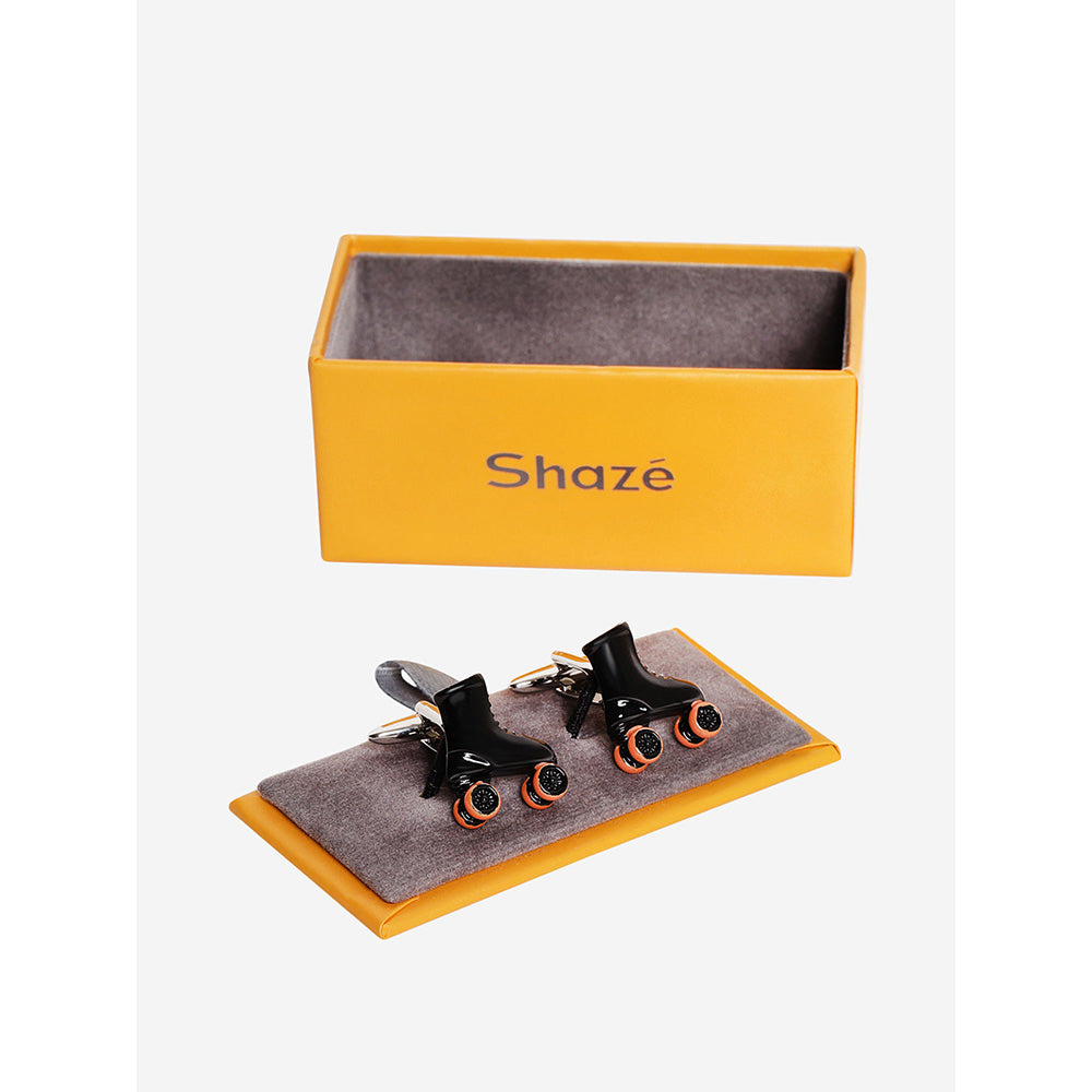 Shaze Silver Black And Orange Enamelled Rhodium-Plated Skater Cufflinks