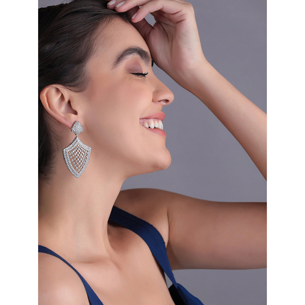 Shaze Silver Rhodium-Plated Cubic Zirconia Shield Drop Earrings for Women