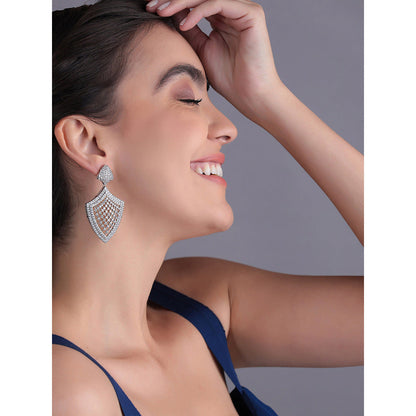 Shaze Silver Rhodium-Plated Cubic Zirconia Shield Drop Earrings for Women