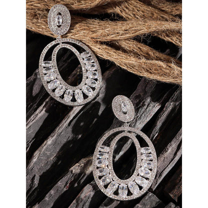 Shaze Silver Rhodium-Plated Cubic Zirconia Elongate Oval Drop Earrings for Women