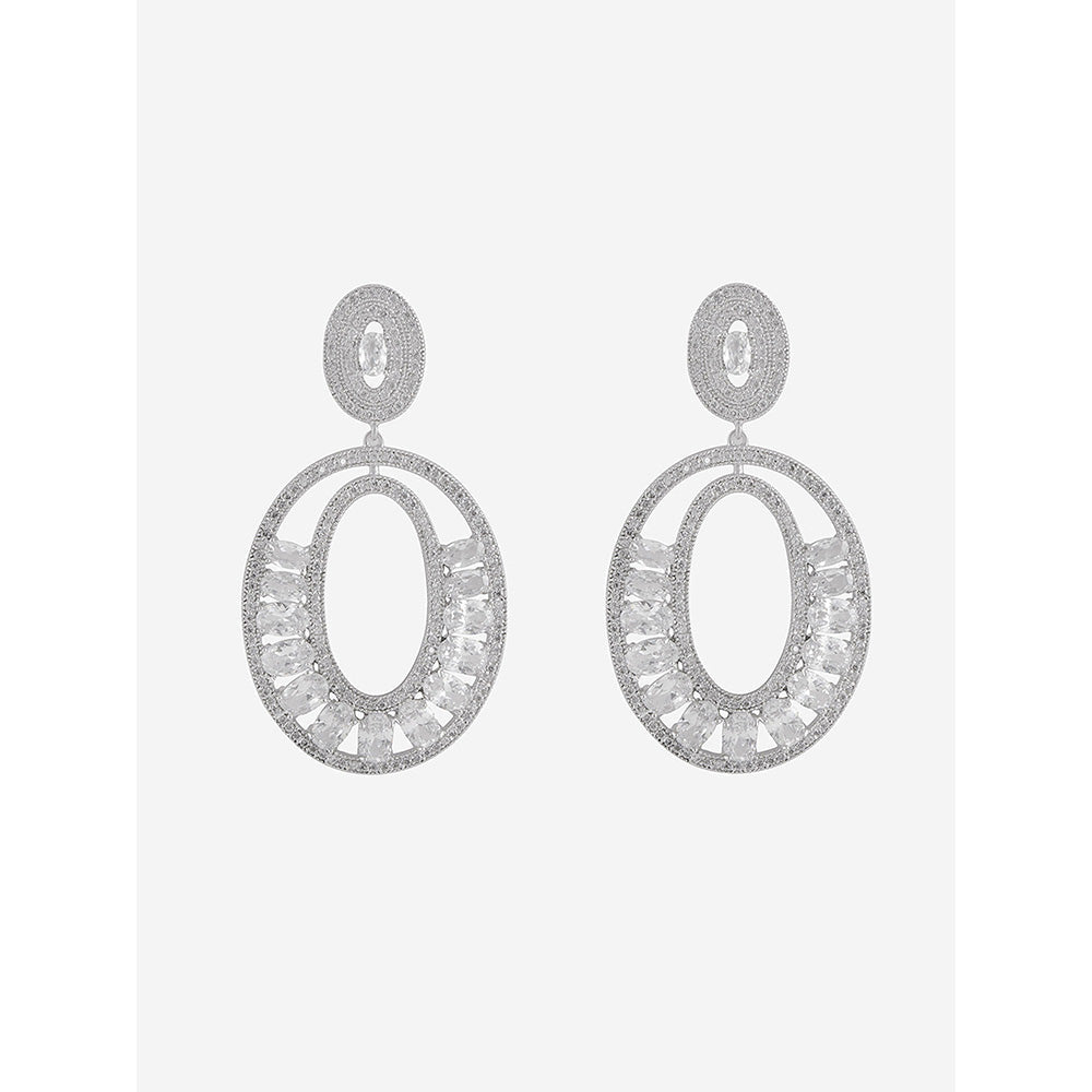 Shaze Silver Rhodium-Plated Cubic Zirconia Elongate Oval Drop Earrings for Women