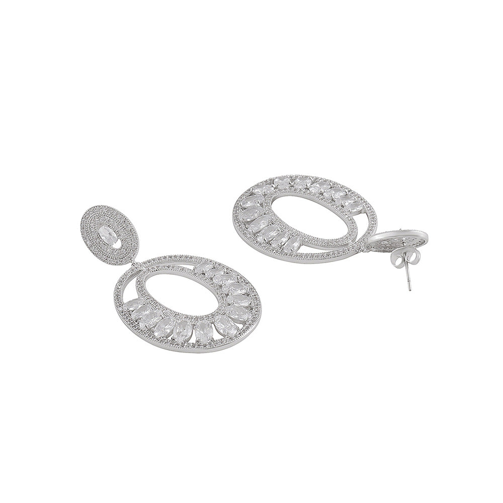 Shaze Silver Rhodium-Plated Cubic Zirconia Elongate Oval Drop Earrings for Women