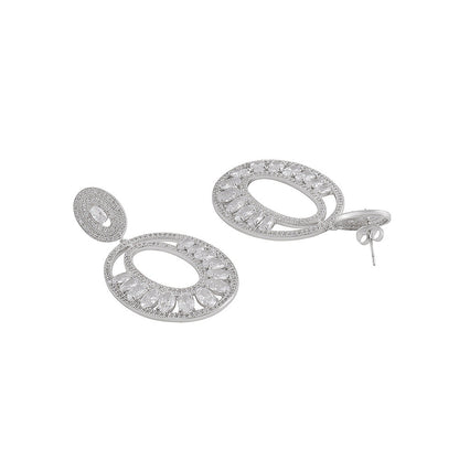 Shaze Silver Rhodium-Plated Cubic Zirconia Elongate Oval Drop Earrings for Women