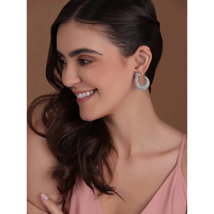 Shaze Silver Rhodium-Plated Cubic Zirconia Nailed Hoop Earrings for Women
