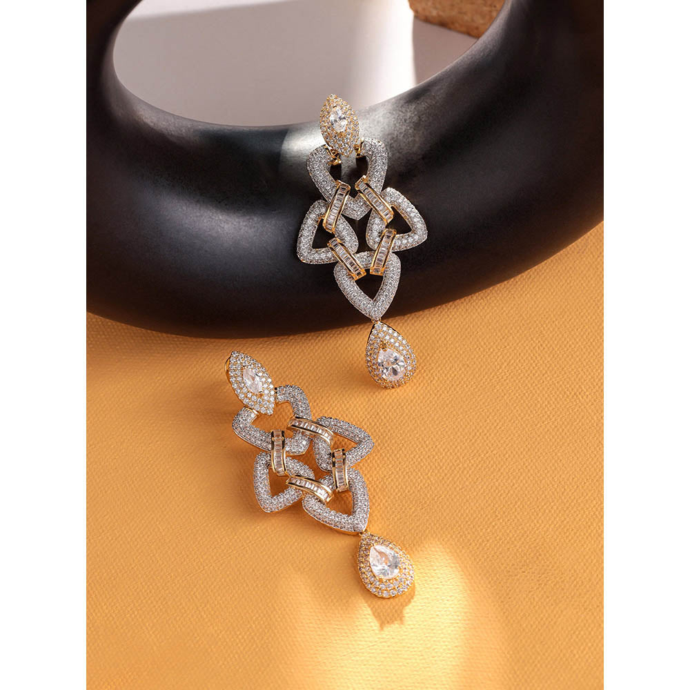 Shaze Gold Rhodium-Plated Cubic Zirconia Bending Triangle Drop Earrings for Women