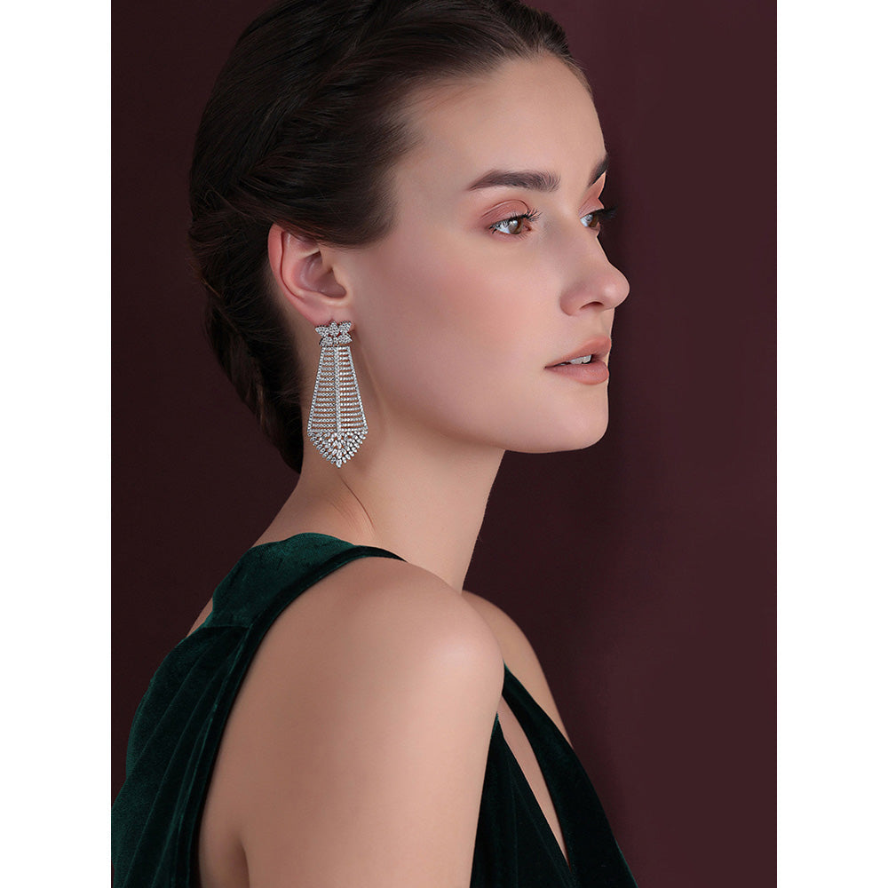 Shaze Silver Rhodium-Plated Cubic Zirconia Pyramid Drop Earrings for Women