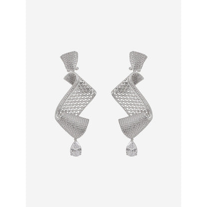 Shaze Silver Rhodium-Plated Cubic Zirconia Twirly Drop Earrings for Women