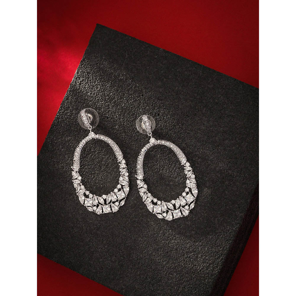 Shaze Silver Rhodium-Plated Cubic Zirconia Unround Drop Earrings for Women