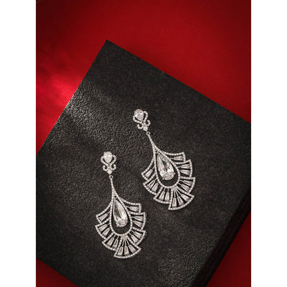 Shaze Silver Rhodium-Plated Cubic Zirconia Drop Fan Earrings for Women