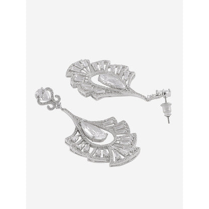 Shaze Silver Rhodium-Plated Cubic Zirconia Drop Fan Earrings for Women