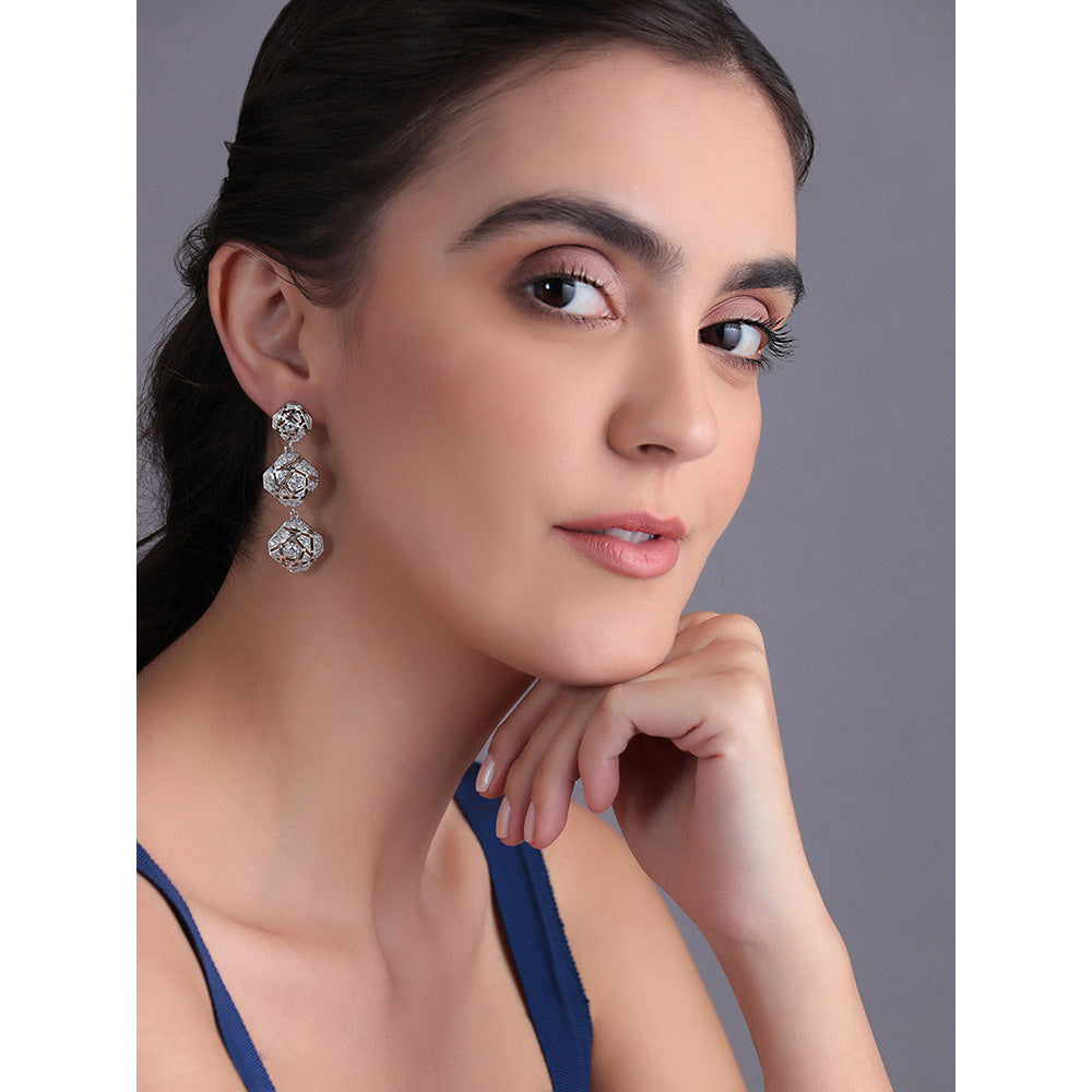 Shaze Silver Rhodium-Plated Cubic Zirconia Filigree Drop Earrings for Women