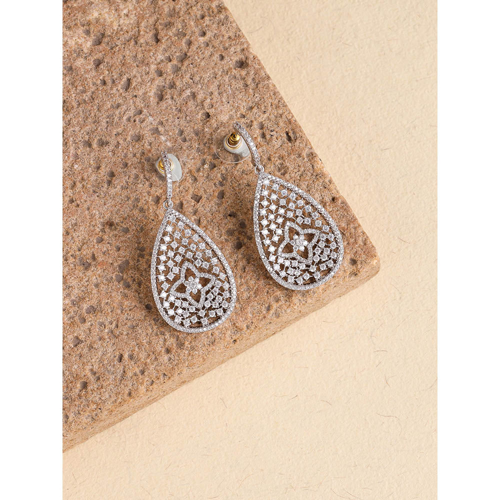Shaze Silver Rhodium-Plated American Diamond Blossom Drop & Dangle Earrings For Women