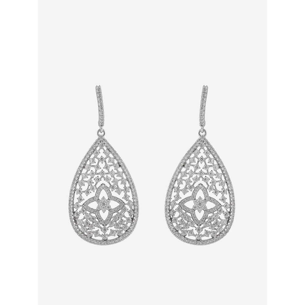 Shaze Silver Rhodium-Plated American Diamond Blossom Drop & Dangle Earrings For Women
