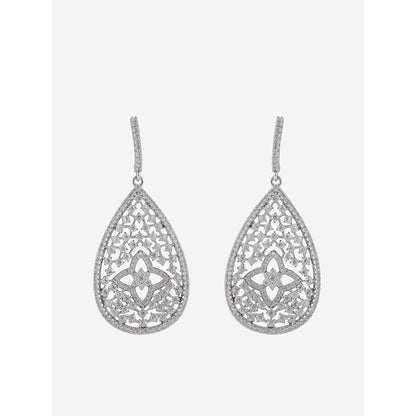 Shaze Silver Rhodium-Plated American Diamond Blossom Drop & Dangle Earrings For Women